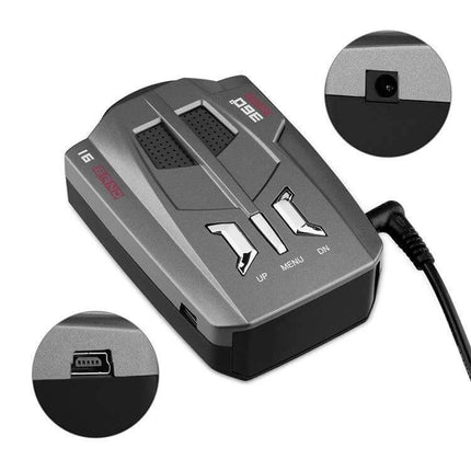 Car Radar Speed Detector for Everyday Driving Safety - compact car radar speed detector with up/menu/down buttons and power cable