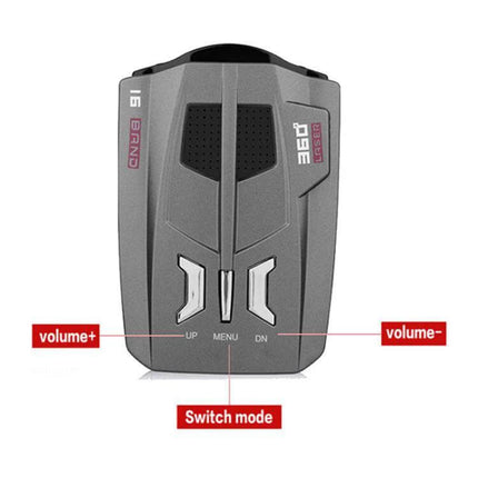 Car Radar Speed Detector for Everyday Driving Safety compact gray detector showing UP MENU DN buttons and labeled volume+/volume- with switch mode