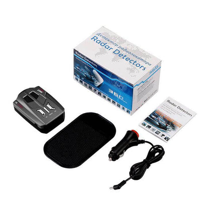 Car Radar Speed Detector for Everyday Driving Safety compact radar detector kit with box, cigarette adapter, mat and manual