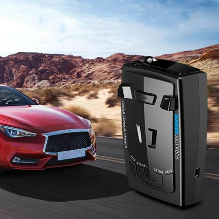 RAD2000 Car Lidar Speed Detector for Safe Driving mounted near a red car on highway to alert drivers to radar and laser signals