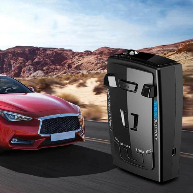 RAD2000 Car Lidar Speed Detector for Safe Driving mounted near a red car on highway to alert drivers to radar and laser signals