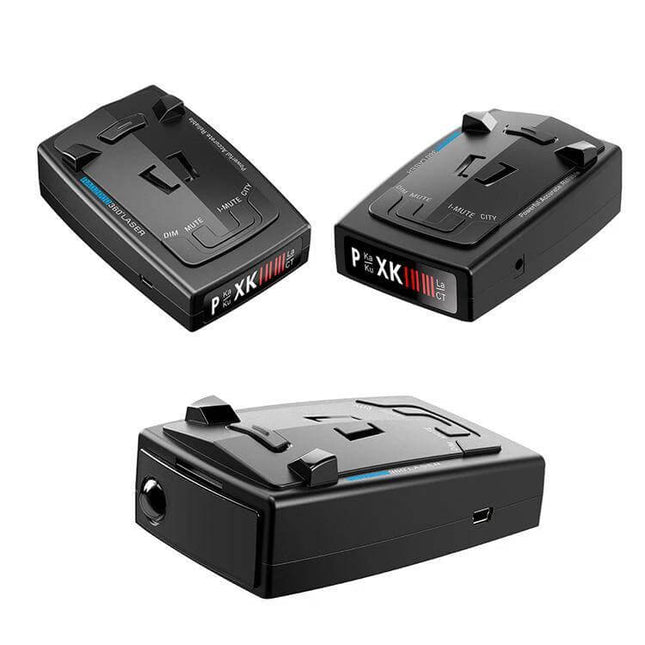 RAD2000 Car Lidar Speed Detector for Safe Driving - compact black radar and laser detector shown from three angles