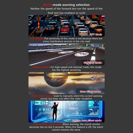 RAD2000 Car Lidar Speed Detector for Safe Driving multi-mode warning selection showing city, highway, mute and auto-silent modes
