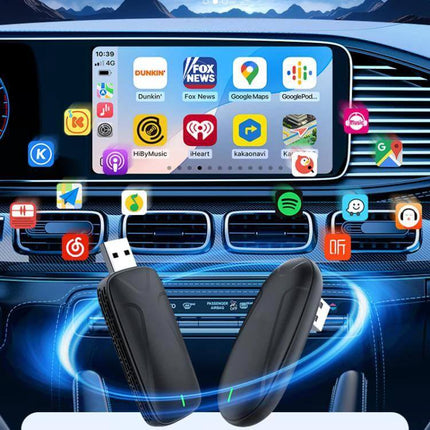 Wireless Adapter for CarPlay and Android Auto Upgrade in Black USB dongle shown in car dashboard connecting smartphone apps wirelessly
