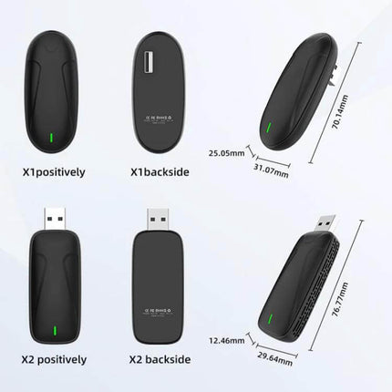 Wireless Adapter for CarPlay and Android Auto Upgrade in Black - compact USB dongle with LED indicator and dimensions displayed