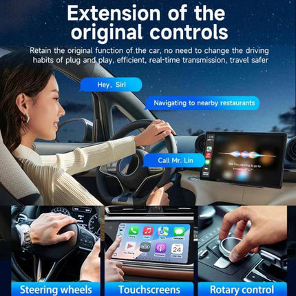 Wireless Adapter for CarPlay and Android Auto Upgrade in Black connected in car showing touchscreen, steering wheel controls and rotary control with LED status