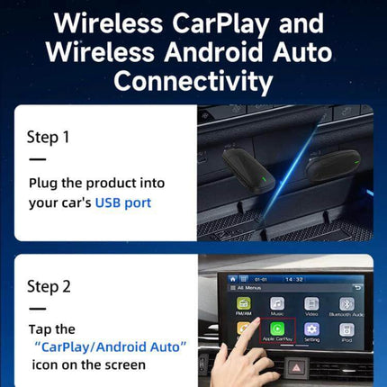 Wireless Adapter for CarPlay and Android Auto Upgrade in Black plugged into car USB port with LED and infotainment screen showing CarPlay/Android Auto setup