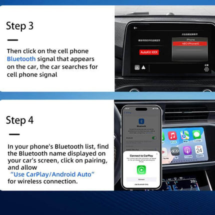 Wireless Adapter for CarPlay and Android Auto Upgrade in Black showing step-by-step Bluetooth pairing with iPhone and car display