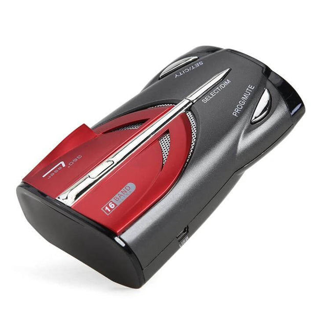 Portable Car Radar Speed Detector with Language Support - compact red and black omni-directional radar detector with audio alert and language options