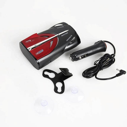 Portable Car Radar Speed Detector with Language Support compact red-black unit with cigarette adapter, mounting bracket and suction cups