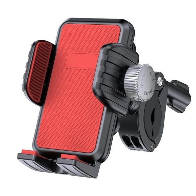 Phone Holder for Bike and Motorcycle With Shock Absorption, red anti-slip mount fits 4.5–7" phones, adjustable angle, handlebars 14–45mm