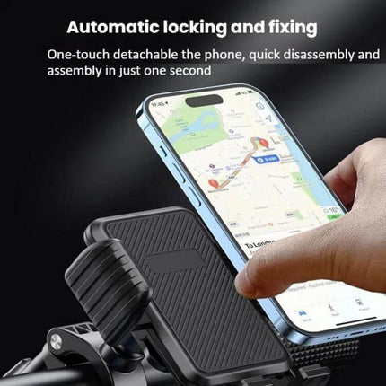 Phone Holder for Bike and Motorcycle With Shock Absorption mounted on handlebar with phone showing map and one-touch locking