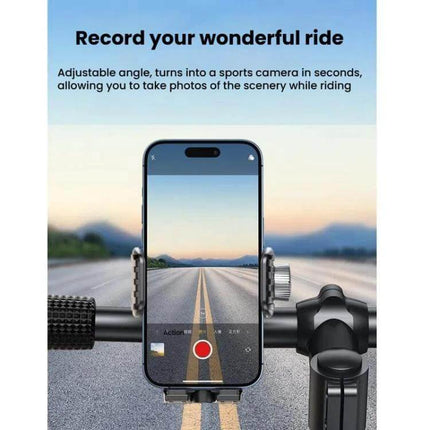 Phone Holder for Bike and Motorcycle With Shock Absorption mounted on handlebars showing phone recording road, adjustable angle, anti-vibration design