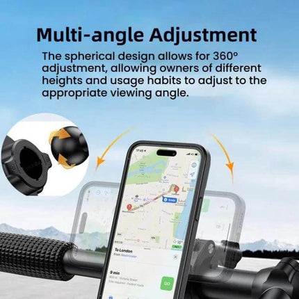 Snap-On Magnetic Ring Phone Holder For Bicycle Or Motorcycle mounted on handlebar showing multi-angle adjustable phone with GPS map