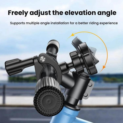 Snap-On Magnetic Ring Phone Holder For Bicycle Or Motorcycle mounted on handlebar showing adjustable elevation angle and secure clamp