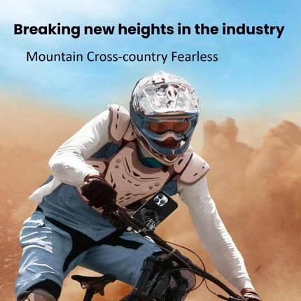 Snap-On Magnetic Ring Phone Holder For Bicycle Or Motorcycle mounted on mountain bike handlebar showing rider using phone hands-free