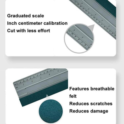 Auto Film and Wallpaper Scraper Tool with Graduated Scale showcasing inch/cm ruler and breathable felt edge to protect surfaces during scraping