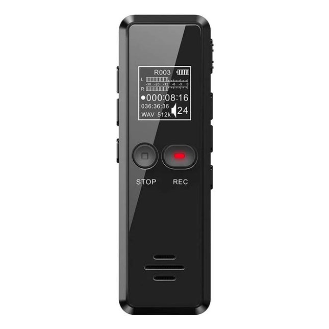 Handy Mini Recorder for Everyday Interviews and Notes – compact black voice recorder with REC/STOP buttons and display for interviews, lectures, and notes