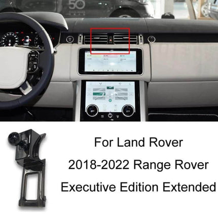Phone Navigation Bracket for Land Rover Dashboard Mount showing snap-on install at Range Rover 2018-2022 center dash without blocking vents