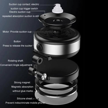 Car Navigation Vacuum Magnetic Suction Cup Multifunctional Bracket showing exploded view of electric suction cup, motor, rotating shaft, strong magnet and silicone pad