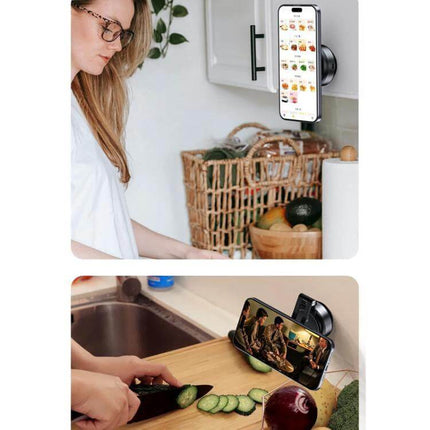 Car Navigation Vacuum Magnetic Suction Cup Multifunctional Bracket mounted on kitchen cabinet and countertop showing phone hands-free use