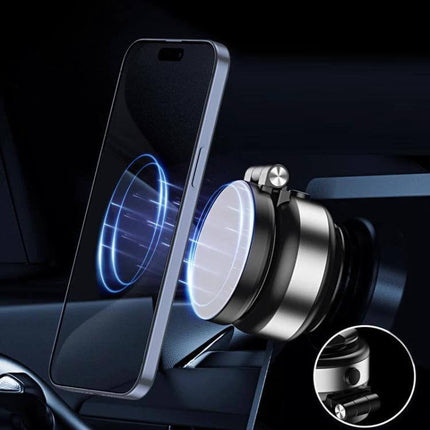 Car Navigation Vacuum Magnetic Suction Cup Multifunctional Bracket showing aluminum alloy magnetic mount with electric suction cup holding smartphone in car