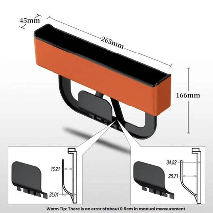 Car Seat Seam Storage Box Universal Organizer For In Seat Gaps orange pocket with dimensions 265mm x 45mm x 166mm showing insert bracket