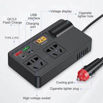 Portable Car Inverter for Charging Devices in Your Vehicle with dual AC sockets, USB PD, QC3.0, voltage display and cigarette lighter plug