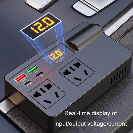 Portable Car Inverter for Charging Devices in Your Vehicle showing dual AC outlets, USB ports and real-time input/output voltage display