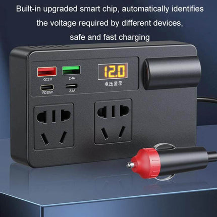 Portable Car Inverter for Charging Devices in Your Vehicle - black 12V/24V to 220V inverter with dual AC outlets, USB ports, digital display and cigarette plug