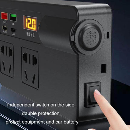 Portable Car Inverter for Charging Devices in Your Vehicle showing side switch, dual outlets, USB ports and digital display for monitoring