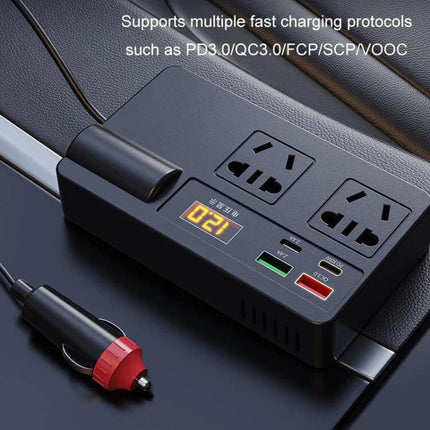 Portable Car Inverter for Charging Devices in Your Vehicle with dual AC outlets, USB-C PD and display showing real-time power usage