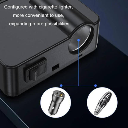 Portable Car Inverter for Charging Devices in Your Vehicle black compact unit with cigarette lighter port and USB adapter shown