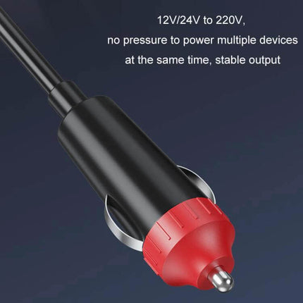 Portable Car Inverter for Charging Devices in Your Vehicle - close-up of 12V/24V cigarette plug adapter with red tip and stable output text