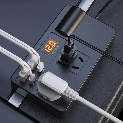 Portable Car Inverter for Charging Devices in Your Vehicle showing multiple devices plugged in and a real-time power display