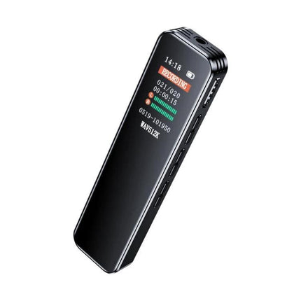 Voice Recorder for Everyday Notes and Music Enjoyment - compact black digital recorder with display showing recording status