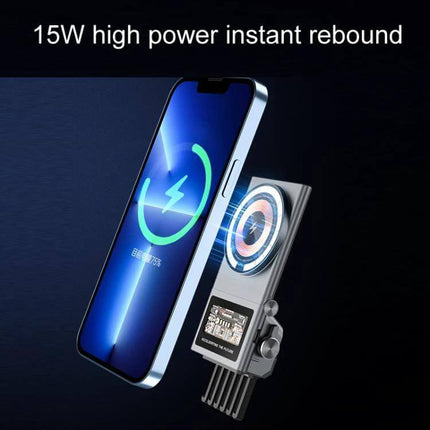 Car Air Outlet Wireless Charging Phone Holder For Tesla Model Y vent-mounted 15W Qi charger showing phone charging and installation detail