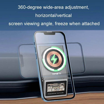Car Air Outlet Wireless Charging Phone Holder For Tesla Model Y showing 360-degree adjustable vent-mounted 15W Qi charger with phone in landscape and portrait