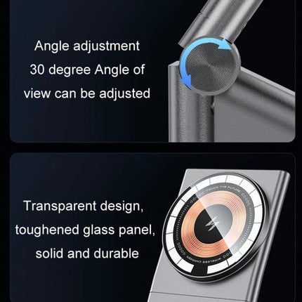 Car Air Outlet Wireless Charging Phone Holder For Tesla Model Y showing 30° angle adjustment and transparent toughened glass 15W Qi charger