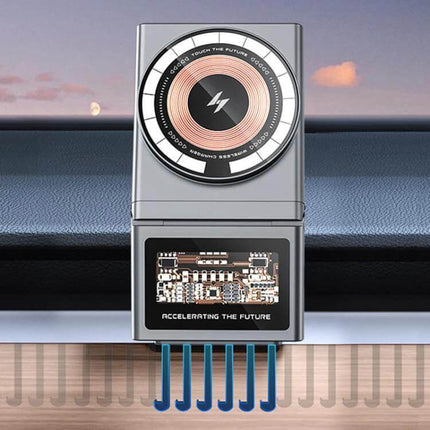 Car Air Outlet Wireless Charging Phone Holder For Tesla Model Y vent-mounted 15W Qi charger with ABS glass panel, no-glue installation, hands-free navigation
