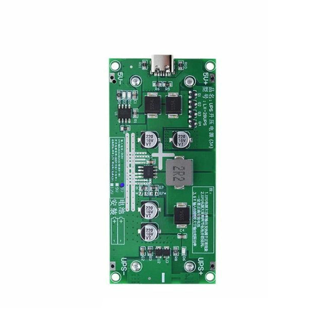 Lithium Battery Boost Charging Module for Everyday Devices green PCB module with USB-C input and capacitors for routers security cameras and development boards