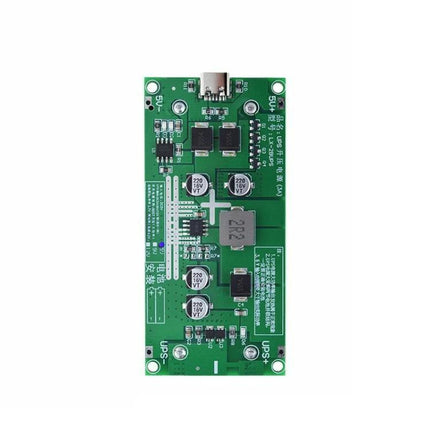Lithium Battery Boost Charging Module for Everyday Devices green PCB module showing capacitors, micro USB input and components for router/camera backup