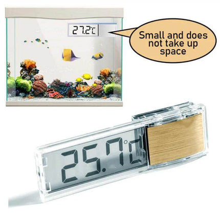 Digital Wireless Aquarium Thermometer With External LCD showing external high-brightness LCD display attached to aquarium glass, compact AG10-powered