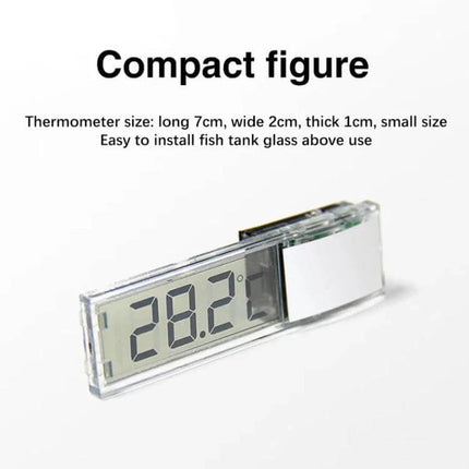 Digital Wireless Aquarium Thermometer With External LCD compact external LCD display attached to aquarium glass showing 28.2°C
