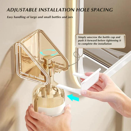 Wall-Mounted Organizer for Bathroom Shower Essentials at Home showing no-drill adjustable installation holding shampoo bottle