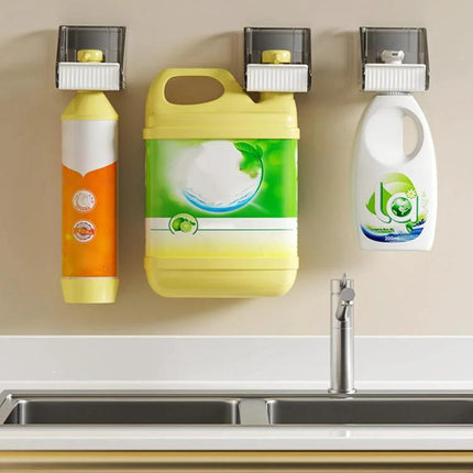 Wall-Mounted Organizer for Bathroom Shower Essentials at Home showing three no-drill mounted bottles above a sink to declutter shower and countertop