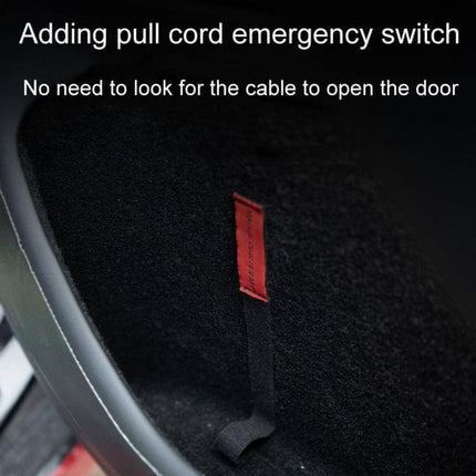 Door Emergency Pull Cord For Tesla Model Three And Y installed inside door pocket showing red nylon pull tab for manual emergency exit