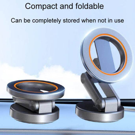 Universal Foldable Car Phone Holder For Safe Driving Rotating Magnetic shown compact foldable on a car dashboard with rotating magnetic mount