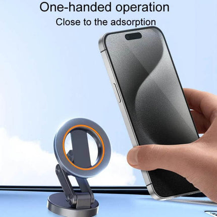 Universal Foldable Car Phone Holder For Safe Driving Rotating Magnetic shown with one-handed phone mounting on a compact rotating magnetic car mount