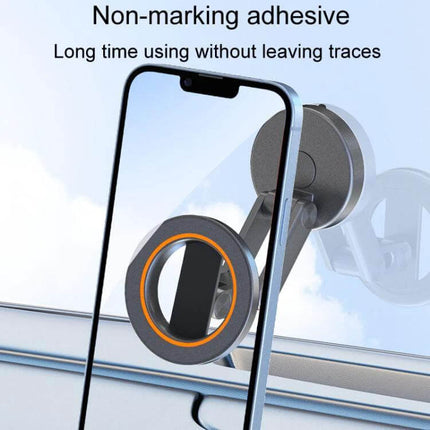 Universal Foldable Car Phone Holder For Safe Driving Rotating Magnetic shown mounted on windshield with rotating magnetic ring and non-marking adhesive